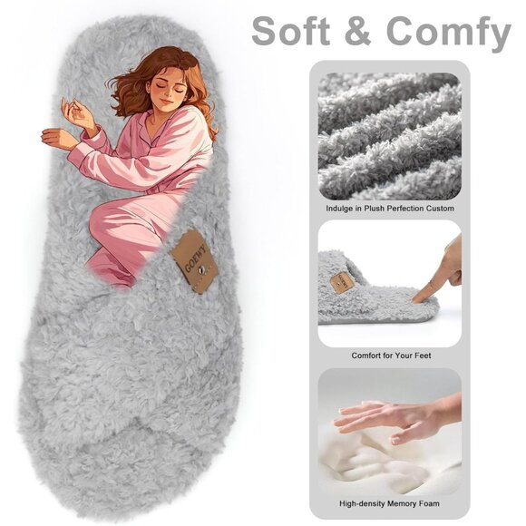 ⚡Women’s Light Grey Faux Fur Cozy Fuzzy Cross Band Slippers House Shoes - Picture 3 of 6